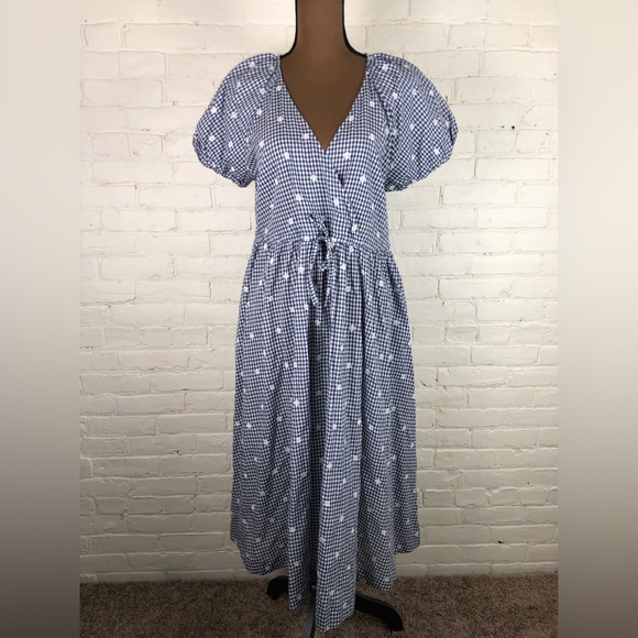 Madewell Dresses & Skirts - Madewell NWT Embroidered Gingham Faux Wrap With Ties Waist Size M Blue and White